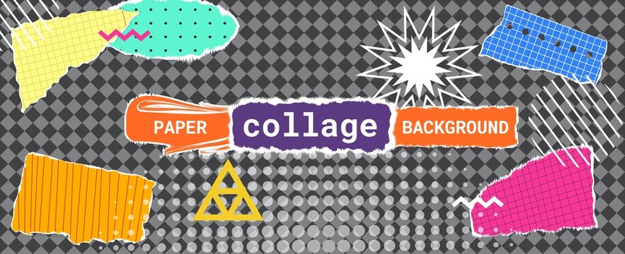 Collage art with vintage paper ellement Zine culture banner Vintage pop art collage with halftone Torned craft notebook shapes with pattern vector illustration