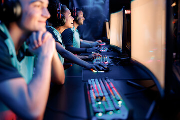 Competitive cybersport team players sitting in front of computers challenging difficult video game in competition event at internet cafe
