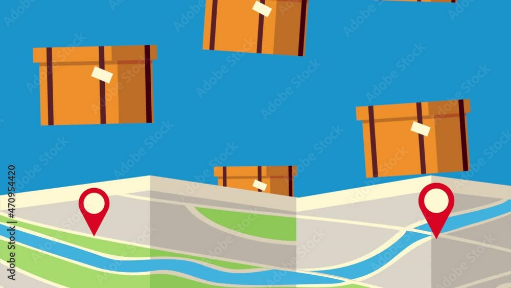 Poster paper map and boxes delivery service animation