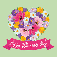 Women's day beautiful greeting card with handwritten inscription and floral heart made of blooming crocuses, tulips and daffodils. Vector illustration, poster, banner, congratulation, invitation