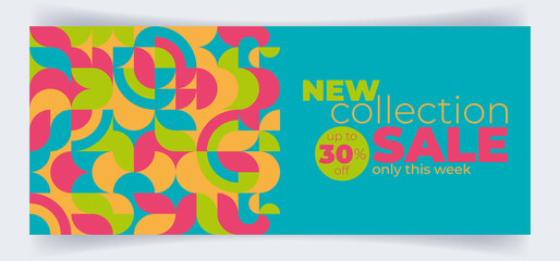 Sale banner decorated with creative composition of geometric mosaic. Trendy modern colourful background, layout, template for advertizing, promotion, flyer, banner, coupon