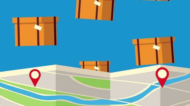paper map and boxes delivery service animation