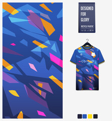Naklejka na ściany i meble Soccer jersey pattern design. Abstract pattern on blue background for soccer kit, football kit or sports uniform. T-shirt mockup template. Fabric pattern. Abstract background. 