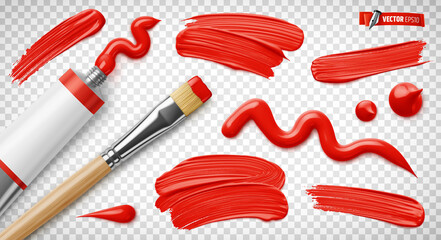 Vector realistic illustration of a red paint tube, paintbrush and brush strokes on a transparent background. - 470956216