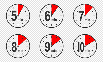 Timer icons with 5, 6, 7, 8, 9, 10 minute time interval. Countdown clock or stopwatch symbols. Infographic elements for cooking preparing instruction. Vector flat illustration. - obrazy, fototapety, plakaty