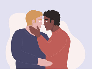 Two men look at each other with love, they want to kiss. Gay couple hugging. The concept of tolerance, equality of homosexual relations. Vector graphics.
