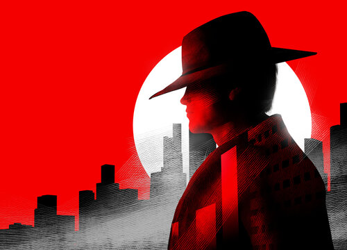 3d render profile portrait illustration of detective man in hat on red colored cityscape with shining moon background.