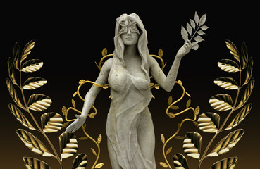 3d render illustration of marble greek nature nymph goddess statue with golden leafs on background. - obrazy, fototapety, plakaty