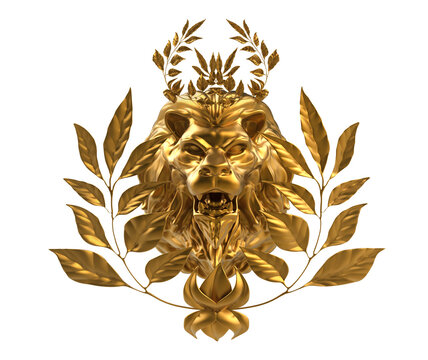 Isolated 3d render illustration of metal golden lion head emblem with leafs on white background.