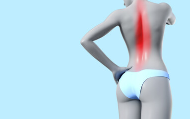 3d render illustration of female figure standing with infammated spine area on blue background.