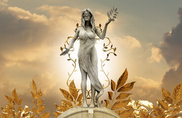 3d render illustration of marble greek nature goddess nymph statue standing in golden leaf garden and stone arch background.