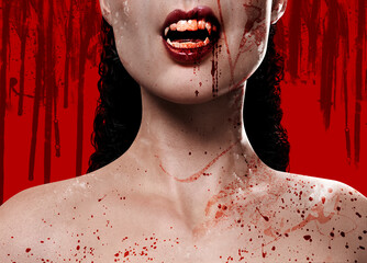 3d render illustration of sexy female vampire face covered in blood splatter on red background. - obrazy, fototapety, plakaty