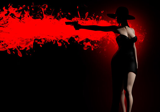 3d render noir illustration of sexy spy lady in black dress aiming gun on red colored blood splatter effect on black background.