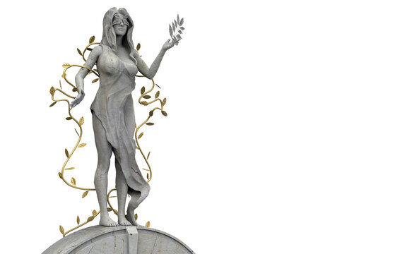 Isolated 3d render illustration of marble greek nature nymph goddess statue with golden leafs on white background.
