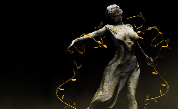 Isolated 3d render illustration of marble greek nature nymph goddess statue with golden leafs standing in dancing pose on dark background.