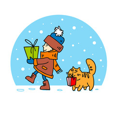 Boy and cat carry gifts boxes. Winter snowy background.