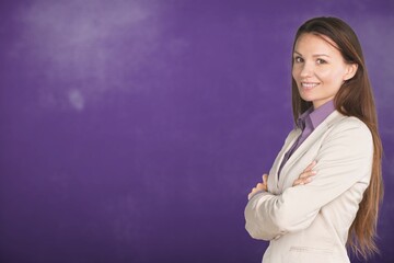 Smiling teacher woman standing looking camera