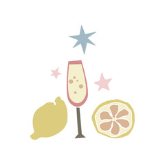 Hand drawn happy holiday glass of wine with lemon isolated on white background. Flat vector illustration. Design for greeting card, print, invitation, flyer
