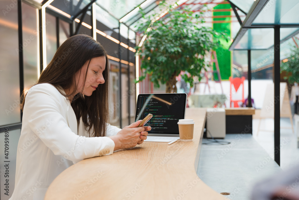 Poster writing code or learning programming languages in internet, modern lifestyle. young freelance woman 