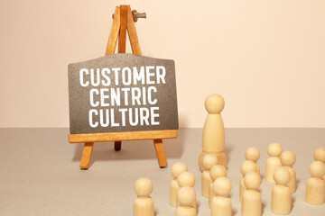 Customer centric culture, text words typography written on book against wooden background
