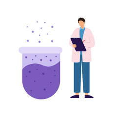 Man scientist observing a chemical reaction. Test tube liquid is boiling. Science lab people concept. Chemistry, biology, medical laboratory research character. Isolated vector stock illustration