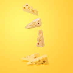 Falling fresh tasty yellow cheese on a background