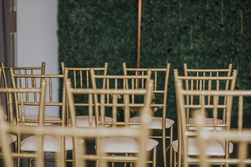 hanging ranunculus flowers display for gold wedding arch with box hedge backdrop and gold chairs