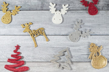 Vintage Christmas tree decorations creative layout on white wooden boards. Flat lay, top view. Minimal winter holidays concept.