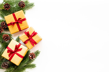 Christmas and New Year gift boxes. Decoration background. Flat lay, top view