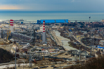 Russia, Tuapse, oil refinery and seaport, top view.