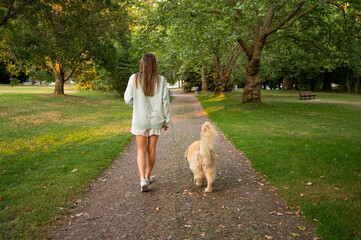 Girl taking her dog on a walk through the park