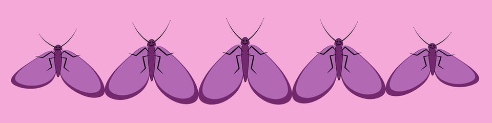 Illustration on a sheet of 4x1 format - ribbon, banner - stylized butterflies, moths - graphics. Fligh