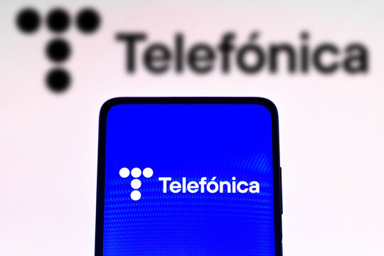 November 23, 2021, Brazil. In this photo illustration the Telefónica S/A logo seen displayed on a smartphone screen and in the background.