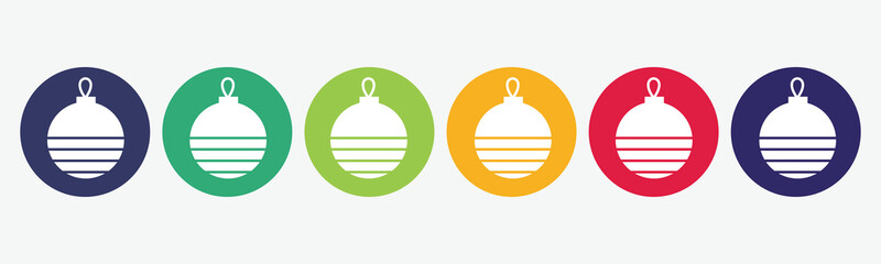 6 circles set with christmas ball icon in different colors. Vector illustration.