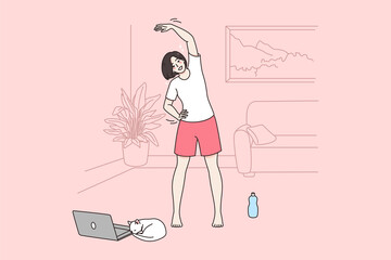 Online fitness and lifestyle concept. Smiling girl making workout sport fitness at home during online lesson with laptop vector illustration 