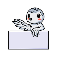Cute little white polar owl cartoon with blank sign