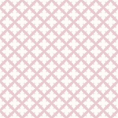 Floral geometric seamless pattern. Vector abstract pink and white ornamental texture with flower silhouettes, crosses, net, grid, lattice. Simple minimal floral ornament. Delicate repeat background