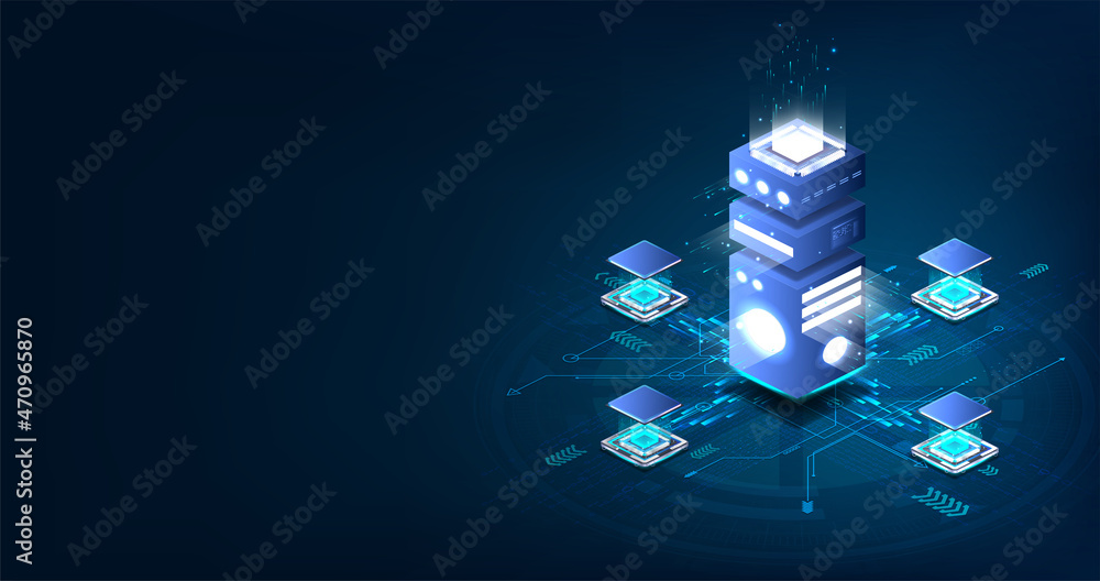 Poster Blue banner Big data processing by the latest computer in isometric view. Big data, server room, cloud database concept. High performance remote server. AI and Blockchain in cloud service. Vector