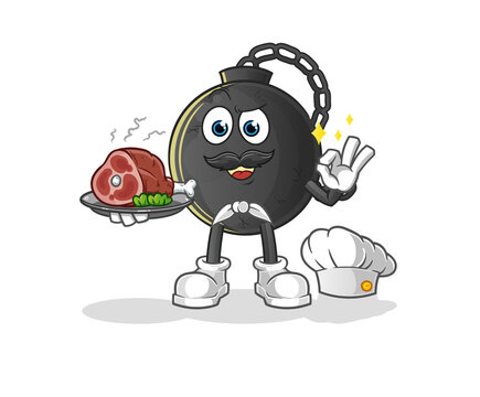 Prison Ball Chef With Meat Mascot. Cartoon Vector