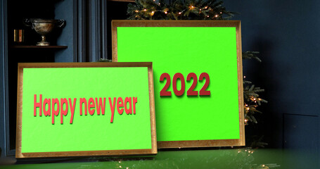 Obraz premium 3D illustration of a wooden picture frame with green paper and the inscription happy new year 2022