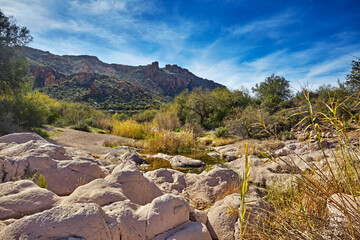 Small creek running through boulders beside the Apache Trail, in the Tonto National Forest, Arizona