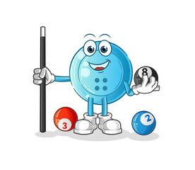 shirt button plays billiard character. cartoon mascot vector