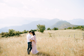 Fototapeta na wymiar Groom hugs bride in the field against the background of mountains