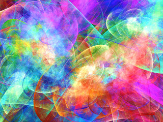 Creación de arte digital abstracto compuesto de líneas circulares en colores difuminados suaves formando un conjunto de trayectorias entrelazadas de luciérnagas imaginarias.