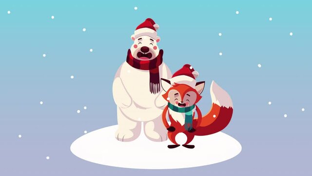 merry christmas animation with polar bear and fox