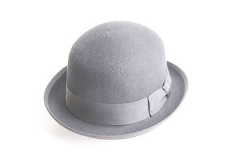 Men's gray bowler hat on a white background.
