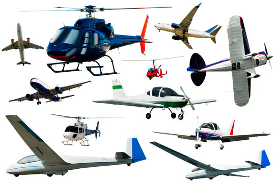 Image of different sports and passenger aeroplanes on a clean white background