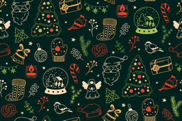 Christmas doodle seamless pattern. New year wrapper santa claus, garland, bell, candle, tree gift box and pretzel, lollipop. Xmas boundless holiday celebrate. Scrapbook noel endless dark textile