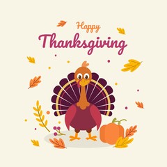 Vector illustration, happy thanksgiving, with cartoon character of turkey, pumpkin and autumn leaves, as banner, poster or greeting card.
