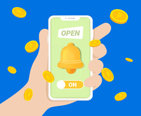 A cell phone with a bell-shaped open event app on illustration set. Hand, coin, alarm, bell, on and off. Vector drawing. Hand drawn style.